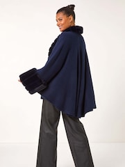 Roman Blue Faux Fur Trim Knitted Poncho - Image 3 of 5