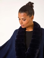 Roman Blue Faux Fur Trim Knitted Poncho - Image 4 of 5