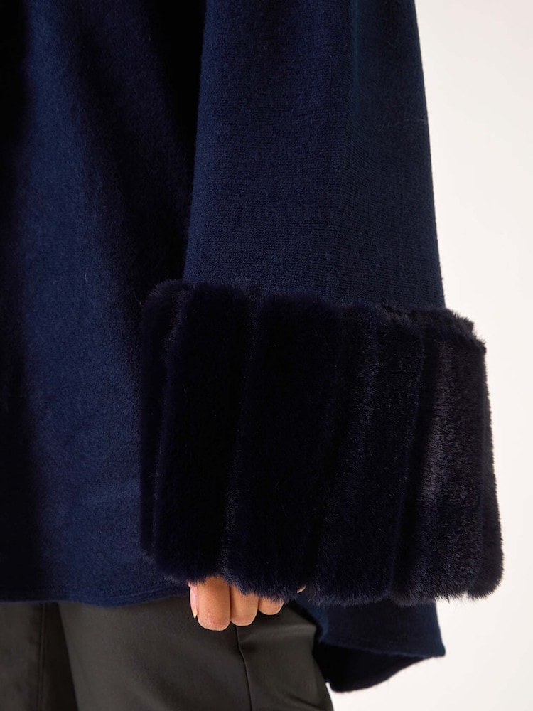 Roman Blue Faux Fur Trim Knitted Poncho - Image 5 of 5