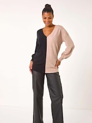 Roman Natural V-Neck Colour Block Knit Jumper - Image 2 of 5