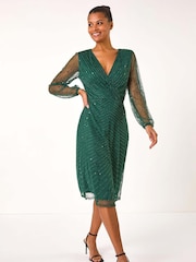 Roman Green Embellished V-Neck Wrap Dress - Image 1 of 5
