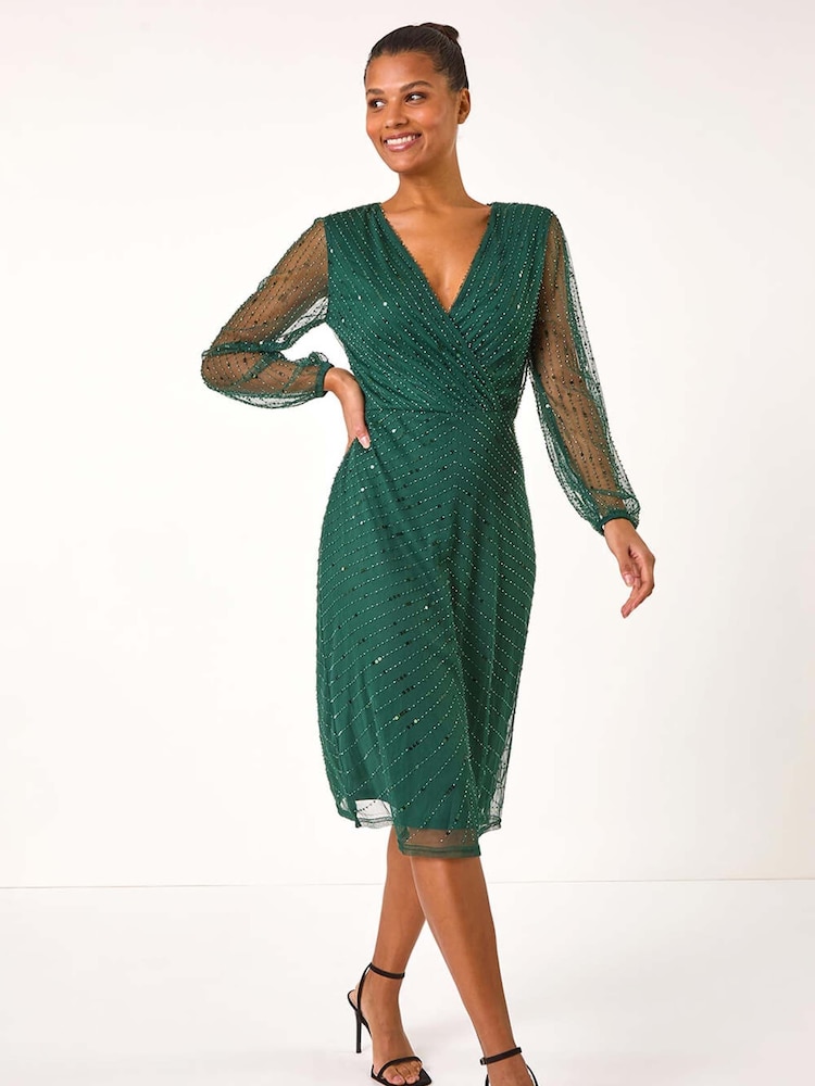 Roman Green Embellished V-Neck Wrap Dress - Image 1 of 5