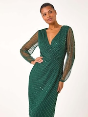 Roman Green Embellished V-Neck Wrap Dress - Image 2 of 5