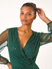 Roman Green Embellished V-Neck Wrap Dress - Image 4 of 5