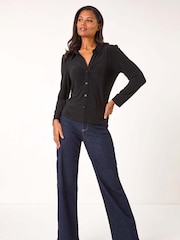Roman Black Collar Button Stretch Blouse - Image 1 of 5