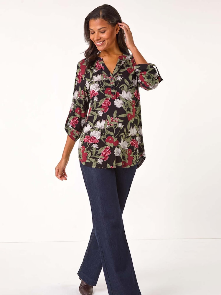 Roman Green Floral Print Stretch Blouse - Image 1 of 5 Roman Green Floral Print Stretch Blouse - Image 1 of 5