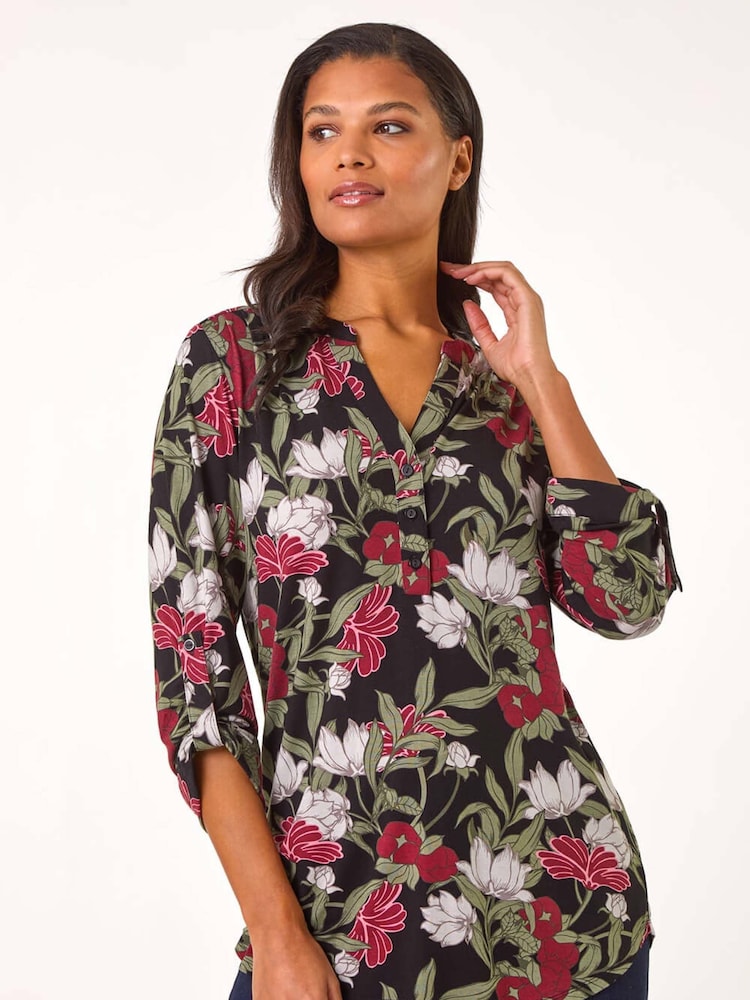 Roman Green Floral Print Stretch Blouse - Image 2 of 5 Roman Green Floral Print Stretch Blouse - Image 2 of 5