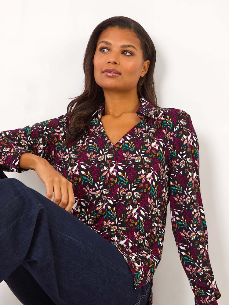 Roman Red Leaf Print Collared Stretch Top - Image 1 of 5