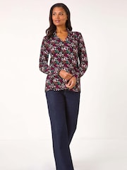 Roman Red Leaf Print Collared Stretch Top - Image 2 of 5