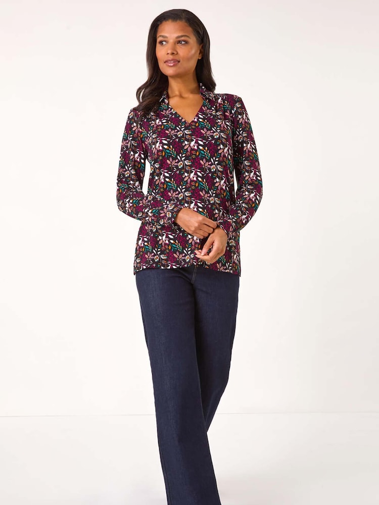 Roman Red Leaf Print Collared Stretch Top - Image 2 of 5