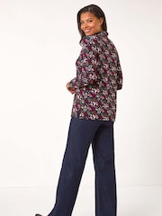 Roman Red Leaf Print Collared Stretch Top - Image 3 of 5