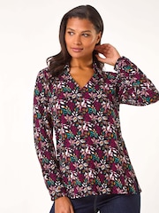 Roman Red Leaf Print Collared Stretch Top - Image 4 of 5