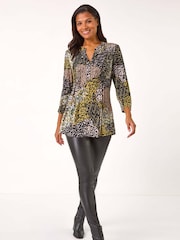 Roman Green Contrast Pattern Pintuck Pleat Tunics Top - Image 1 of 5