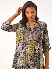 Roman Green Contrast Pattern Pintuck Pleat Tunics Top - Image 4 of 5