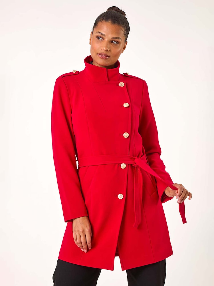 Roman Red Funnel Neck Buttoned Coat - Image 1 of 5
