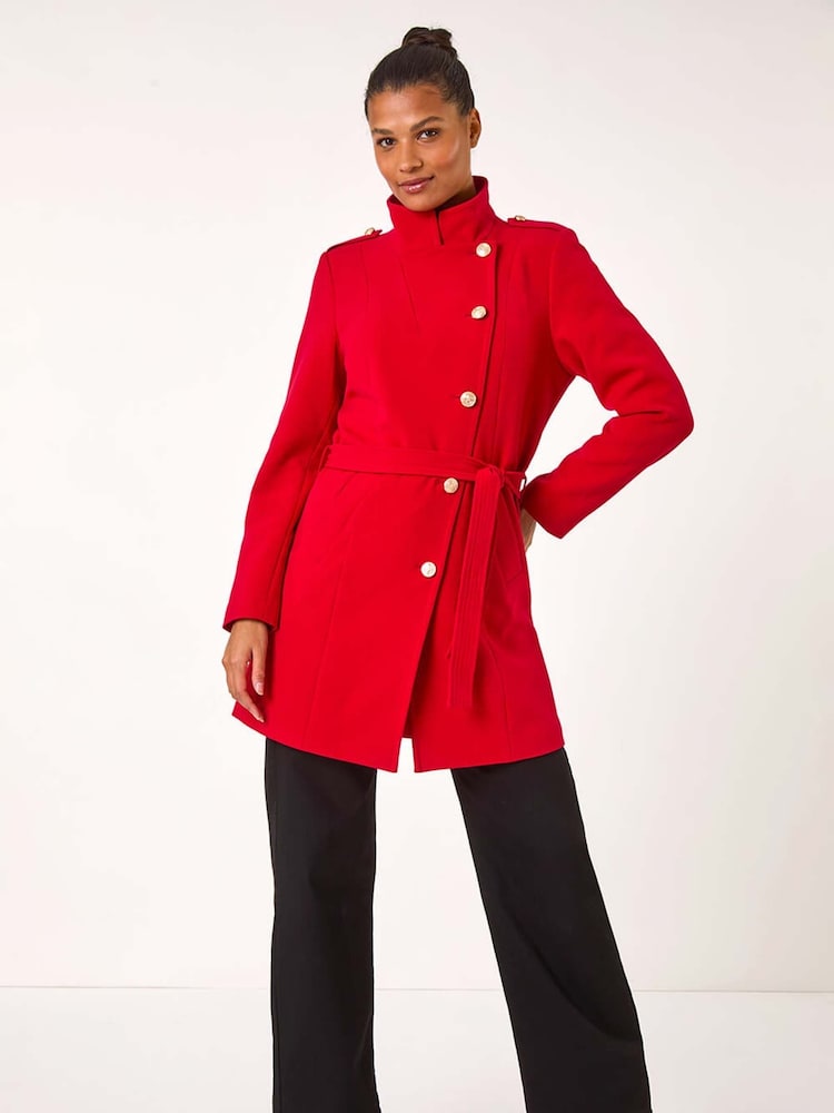 Roman Red Funnel Neck Buttoned Coat - Image 2 of 5