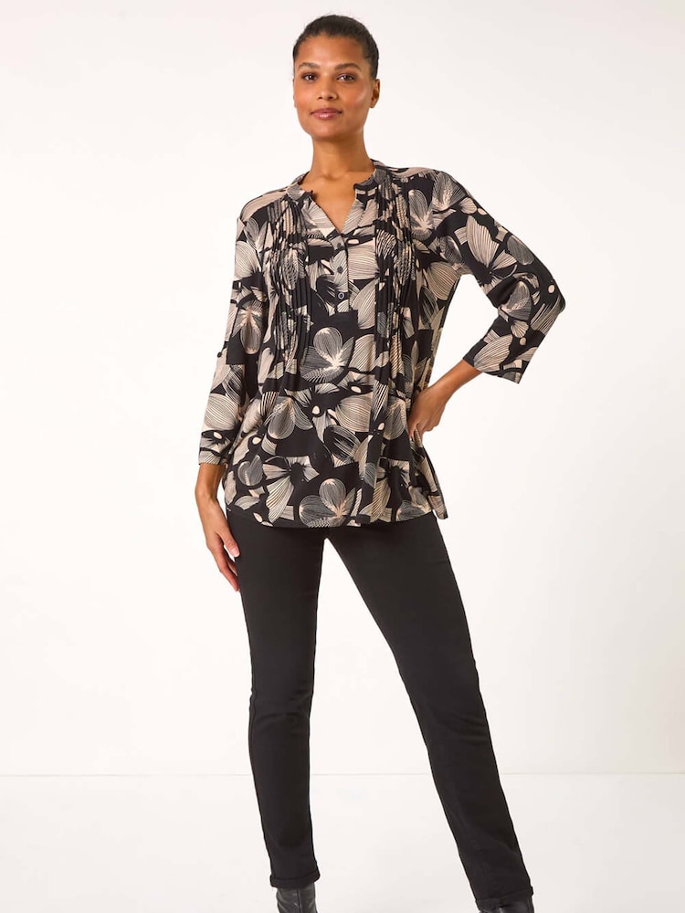 Roman Black Floral Print Pintuck Pleat Tunics - Image 2 of 5