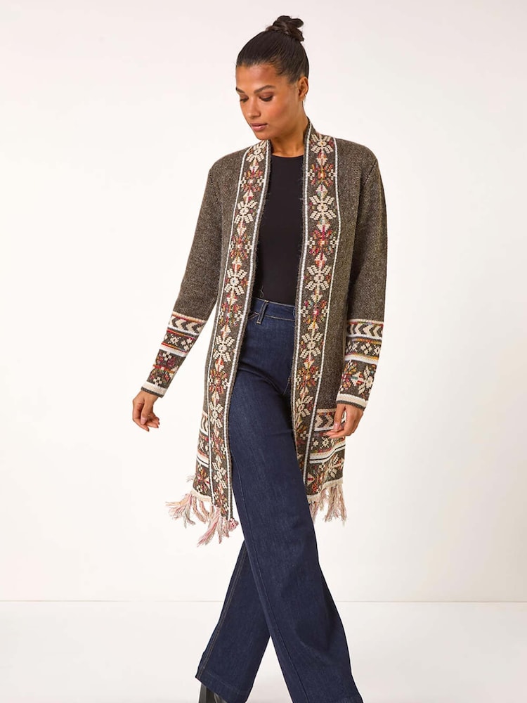 Roman Green Nordic Pattern Fringe Hem Cardigan - Image 1 of 5