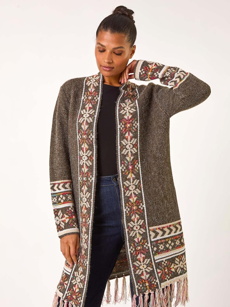 Roman Green Nordic Pattern Fringe Hem Cardigan - Image 2 of 5