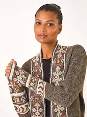 Roman Green Nordic Pattern Fringe Hem Cardigan - Image 4 of 5