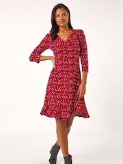 Roman Red Animal Print V-Neck Ruched Stretch Dress - Image 1 of 5