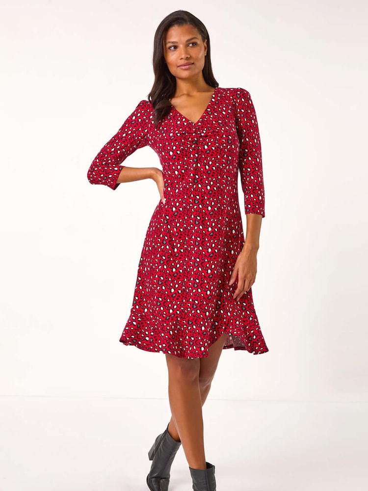 Roman Red Animal Print V-Neck Ruched Stretch Dress - Image 1 of 5