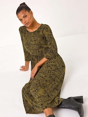 Roman Green Paisley Print Gathered Stretch Midi Dress - Image 1 of 5