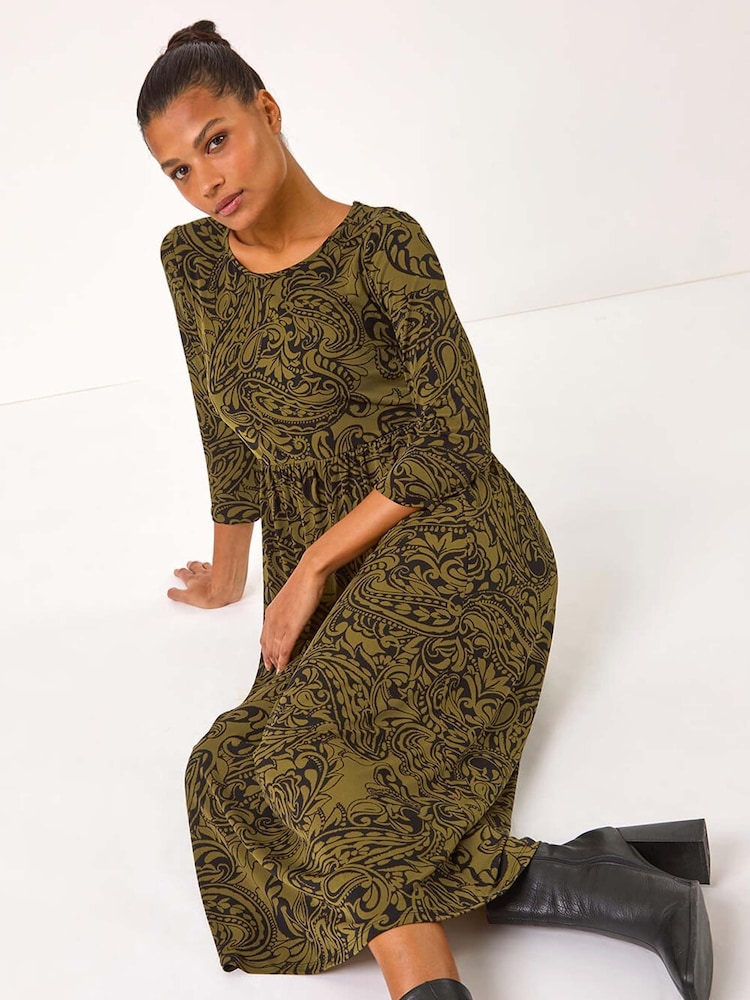Roman Green Paisley Print Gathered Stretch Midi Dress - Image 1 of 5