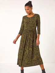 Roman Green Paisley Print Gathered Stretch Midi Dress - Image 2 of 5