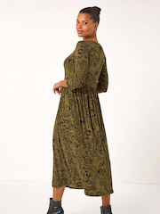 Roman Green Paisley Print Gathered Stretch Midi Dress - Image 3 of 5
