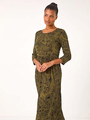 Roman Green Paisley Print Gathered Stretch Midi Dress - Image 4 of 5