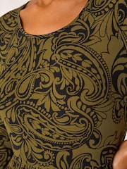 Roman Green Paisley Print Gathered Stretch Midi Dress - Image 5 of 5