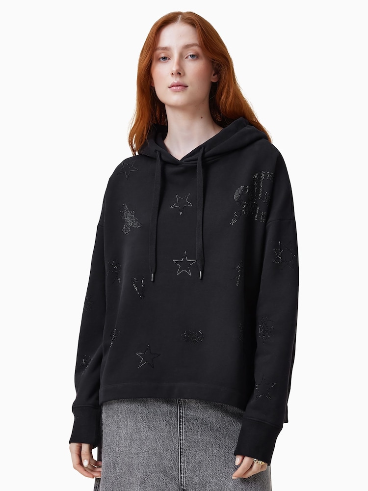 AllSaints Black Etie Embroidery Rose 100% Organic Cotton Hoodie - Image 1 of 7