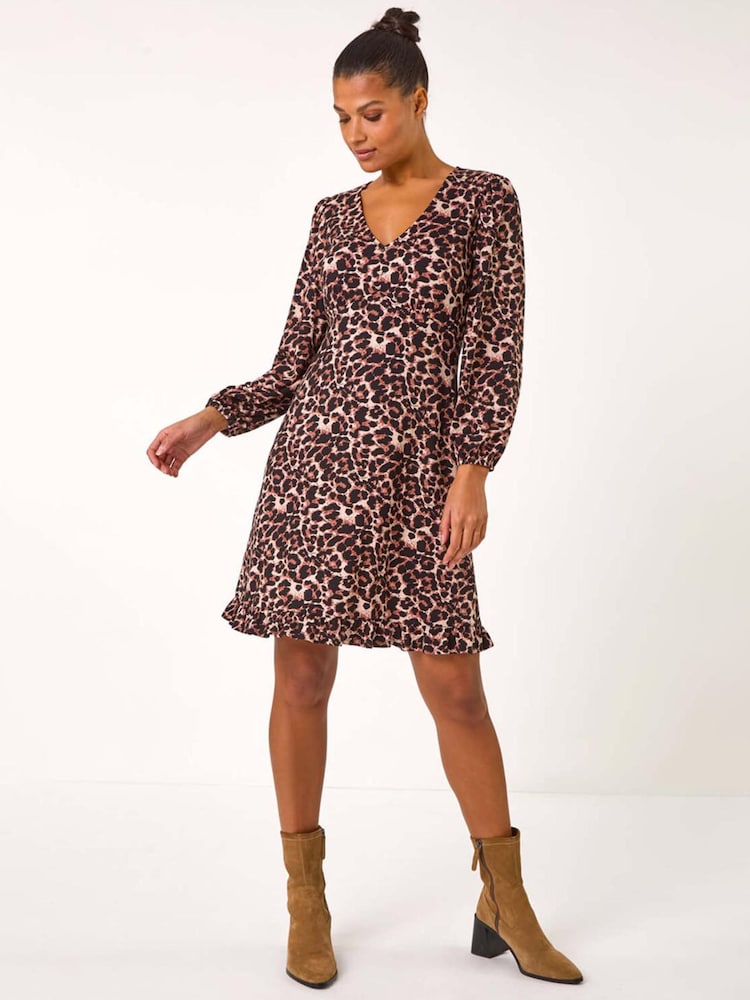 Roman Brown Animal Print V-Neck Short Dress - Image 2 of 5