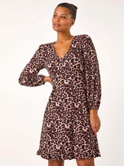 Roman Brown Animal Print V-Neck Short Dress - Image 4 of 5