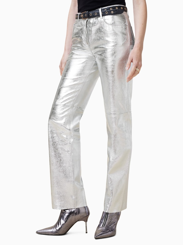 AllSaints Silver Saige Foil Trousers - Image 2 of 6 AllSaints Silver Saige Foil Trousers - Image 2 of 6