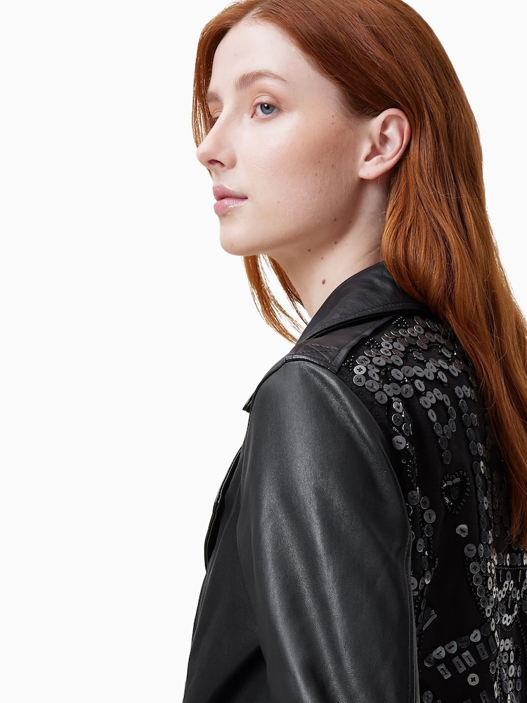 AllSaints Black Billie Pearly Biker Jacket - Image 4 of 8
