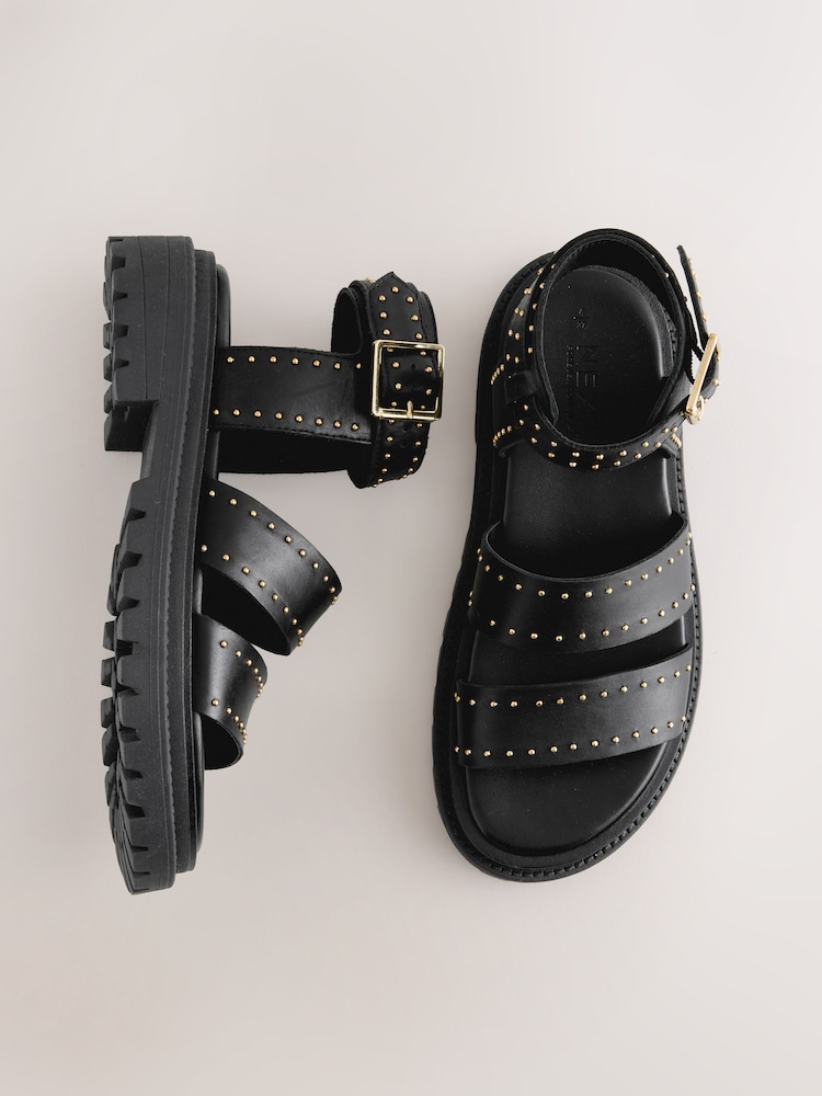 Black Leather Forever Comfort® Chunky Studded Sandals - Image 1 of 5