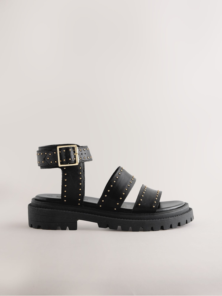 Black Leather Forever Comfort® Chunky Studded Sandals - Image 3 of 5