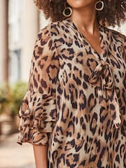 Sosandar Brown Leopard Print Frill Sleeve Tie Neck Detail Shift Dress - Image 5 of 5
