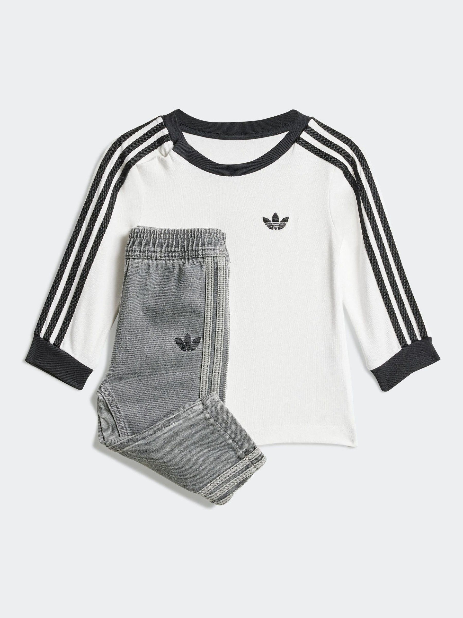 adidas Originals White Long Sleeve Infant Kids T-Shirt and Denim Leggings Set view 1