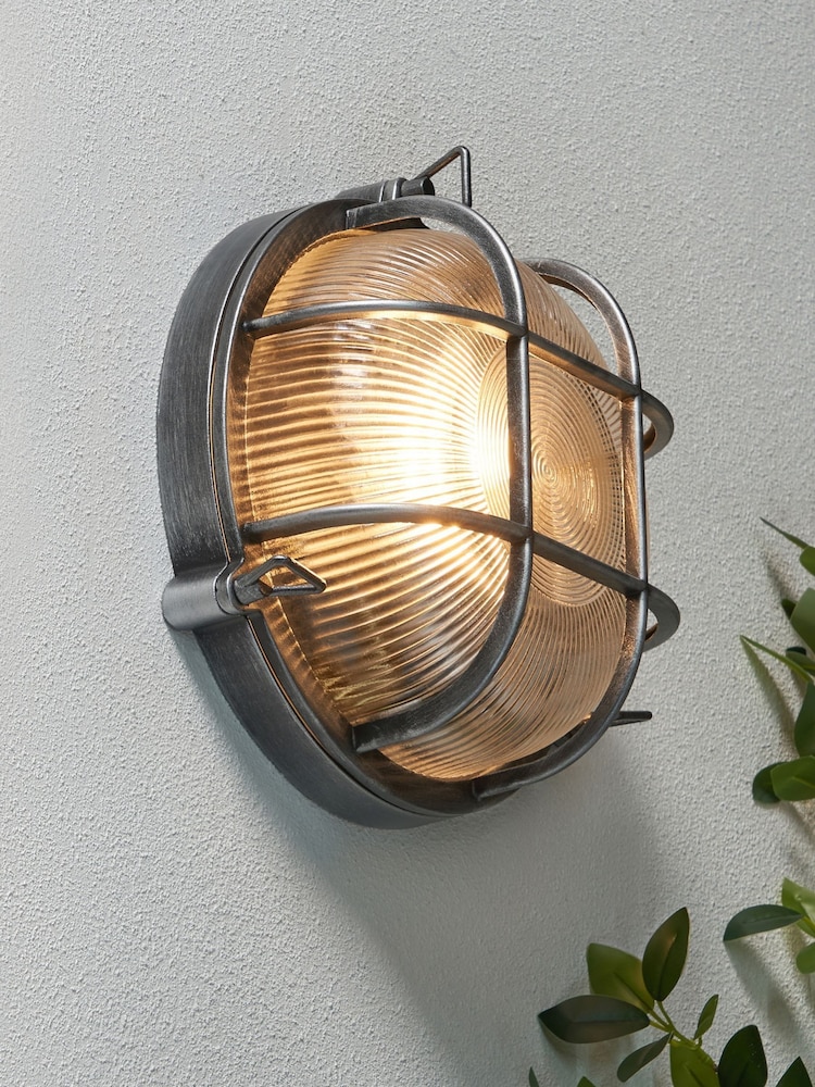 BHS Silver Gali Caged Round Wall Outdoor Bulkhead Light IP44 - Image 1 of 7