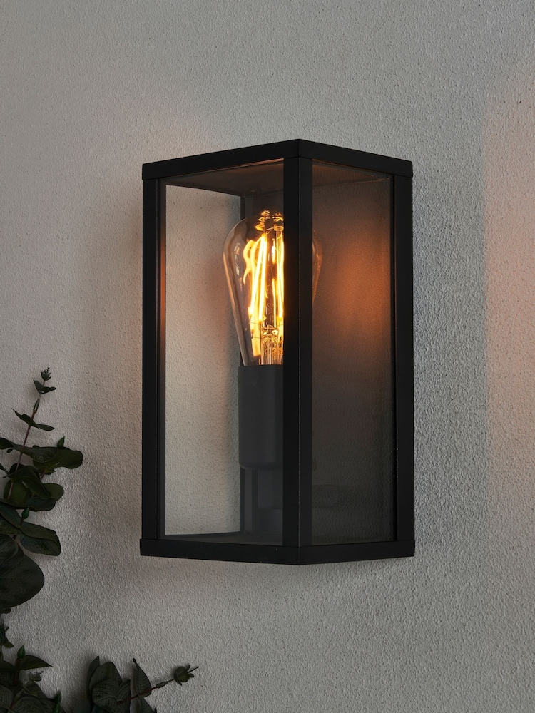 BHS Matt Black Chinon 1lt Glass Panel Outdoor Box Lantern - Image 1 of 6
