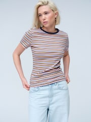 Burgundy/Ecru Short Sleeve Contrast Neckline Striped Crew Neck T-Shirt - Image 1 of 4