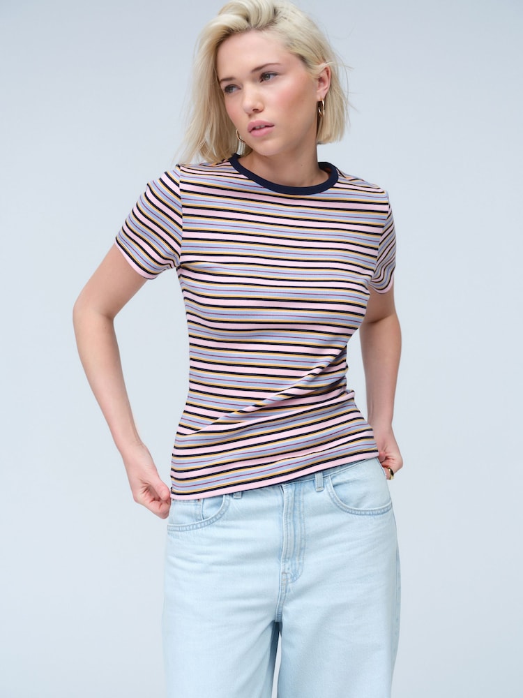 Burgundy/Ecru Short Sleeve Contrast Neckline Striped Crew Neck T-Shirt - Image 1 of 4