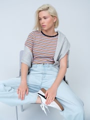 Burgundy/Ecru Short Sleeve Contrast Neckline Striped Crew Neck T-Shirt - Image 2 of 4
