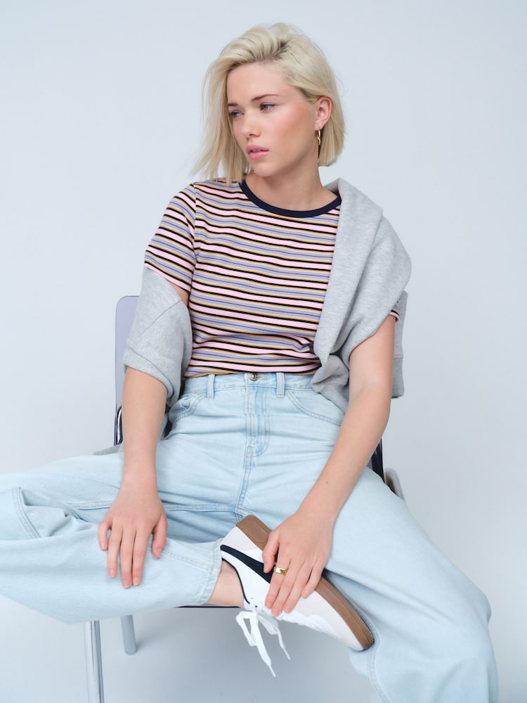 Burgundy/Ecru Short Sleeve Contrast Neckline Striped Crew Neck T-Shirt - Image 2 of 4