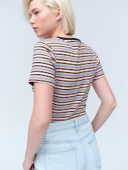 Burgundy/Ecru Short Sleeve Contrast Neckline Striped Crew Neck T-Shirt - Image 3 of 4
