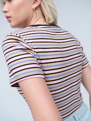 Burgundy/Ecru Short Sleeve Contrast Neckline Striped Crew Neck T-Shirt - Image 4 of 4
