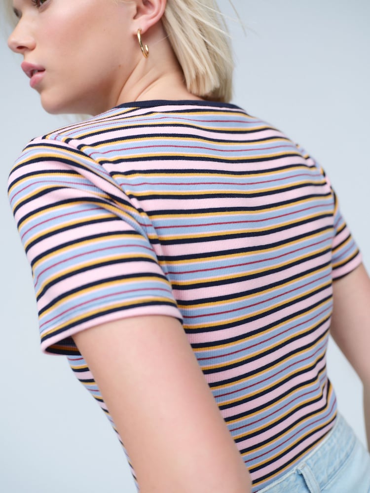 Burgundy/Ecru Short Sleeve Contrast Neckline Striped Crew Neck T-Shirt - Image 4 of 4 Burgundy/Ecru Short Sleeve Contrast Neckline Striped Crew Neck T-Shirt - Image 4 of 4